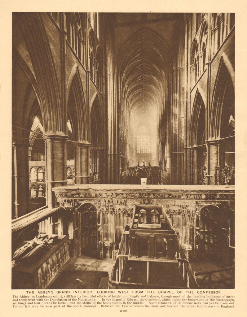 Westminster Abbey interior. west from the Confessor's chapel 1926 old print